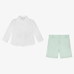 Patachou-طقم شورت وقميص قطن وكتان لون أبيض وأخضر | Childrensalon Outlet