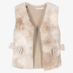 Patachou-Girls Beige Faux Fur Bow Gilet | Childrensalon Outlet