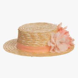 Patachou-Girls Beige & Pink Flower Straw Hat | Childrensalon Outlet