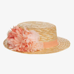 Patachou-Girls Beige & Pink Flower Straw Hat | Childrensalon Outlet