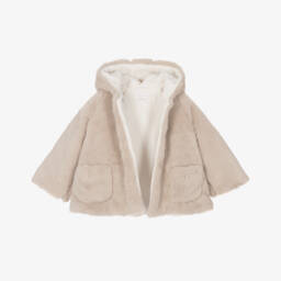 Patachou-Girls Beige Plush Hooded Coat | Childrensalon Outlet