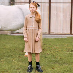 Patachou-فستان مضلع محبوك لون بيج | Childrensalon Outlet