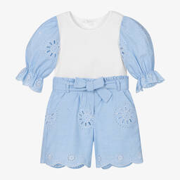 باتاشو-طقم شورت قطن لون أزرق بأكمام منفوشة للبنات | Childrensalon Outlet