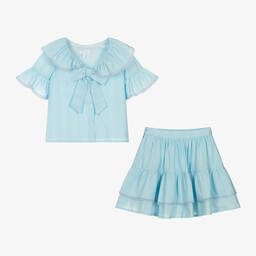 Patachou-Girls Blue Cotton Skirt Set | Childrensalon Outlet