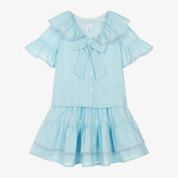 Patachou-Girls Blue Cotton Skirt Set | Childrensalon Outlet