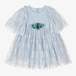 باتاشو-فستان أطفال بناتي قطن وتول مطرز لون أزرق | Childrensalon Outlet
