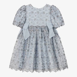 Patachou-Girls Blue Embroidered Tulle Dress | Childrensalon Outlet