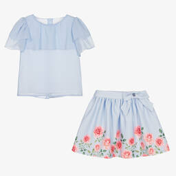 Patachou-Girls Blue Floral Skirt Set | Childrensalon Outlet