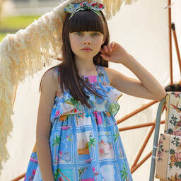 Patachou-Голубое хлопковое платье с отпускным принтом | Childrensalon Outlet