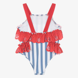 Patachou-Girls Blue & Red Ruffle Stripe Swimsuit (UV50) | Childrensalon Outlet