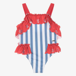 Patachou-Girls Blue & Red Ruffle Stripe Swimsuit (UV50) | Childrensalon Outlet