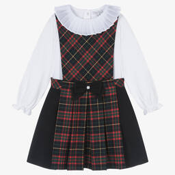 Patachou-Girls Blue Tartan Cotton Pinafore Dress Set | Childrensalon Outlet