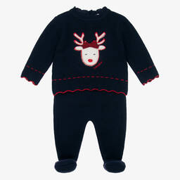 Patachou-Girls Blue Wool Knit 2 Piece Babygrow | Childrensalon Outlet