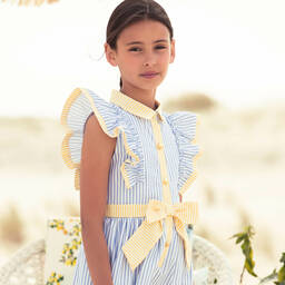 Patachou-Girls Blue & Yellow Stripe Poplin Dress | Childrensalon Outlet