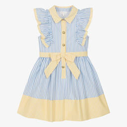 Patachou-Girls Blue & Yellow Stripe Poplin Dress | Childrensalon Outlet