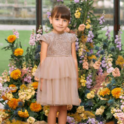Patachou-Girls Champagne Sequin Tulle Gown | Childrensalon Outlet