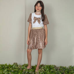 باتاشو-طقم تنورة قطن وتول لون ذهبي مزين بكشكش | Childrensalon Outlet