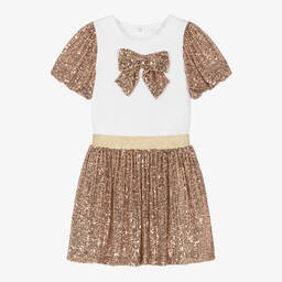 باتاشو-طقم تنورة قطن وتول لون ذهبي مزين بكشكش | Childrensalon Outlet