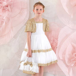 Patachou-Girls Gold & White Sequin Chiffon Dress | Childrensalon Outlet