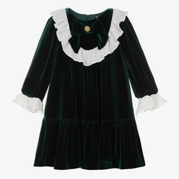 Patachou-Girls Green Velvet Ruffle Dress | Childrensalon Outlet