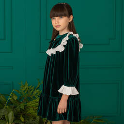 Patachou-Girls Green Velvet Ruffle Dress | Childrensalon Outlet