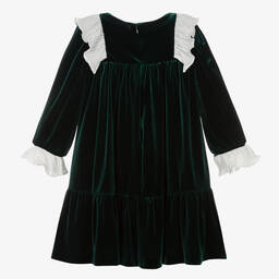 Patachou-Girls Green Velvet Ruffle Dress | Childrensalon Outlet