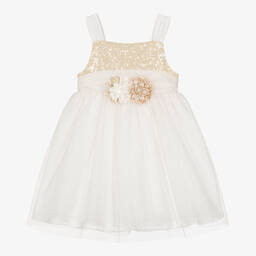 Patachou-Girls Ivory & Gold Sequin Tulle Dress | Childrensalon Outlet