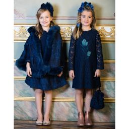 Patachou-Girls Navy Blue Jacquard Cape with Fur Trim | Childrensalon Outlet