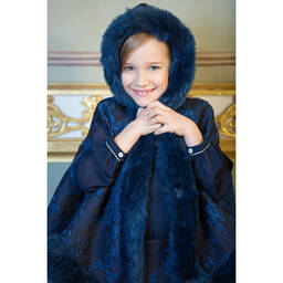 Patachou-Girls Navy Blue Jacquard Cape with Fur Trim | Childrensalon Outlet