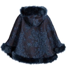 Patachou-Girls Navy Blue Jacquard Cape with Fur Trim | Childrensalon Outlet