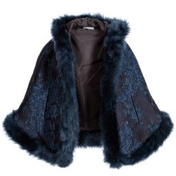 Patachou-Girls Navy Blue Jacquard Cape with Fur Trim | Childrensalon Outlet