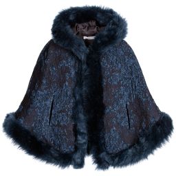 Patachou-Girls Navy Blue Jacquard Cape with Fur Trim | Childrensalon Outlet