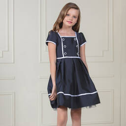 Patachou-Girls Navy Blue Satin Dress | Childrensalon Outlet