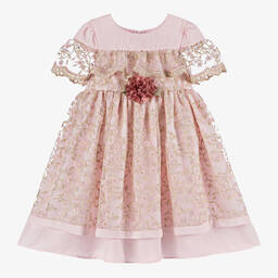 Patachou-Girls Pink Floral Embroidered Tulle Dress | Childrensalon Outlet