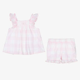 Patachou-طقم شورت قطن جينغهام لون زهري للبنات | Childrensalon Outlet