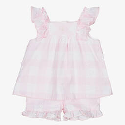 Patachou-طقم شورت قطن جينغهام لون زهري للبنات | Childrensalon Outlet