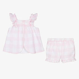 Patachou-طقم شورت قطن جينغهام لون زهري للبنات | Childrensalon Outlet