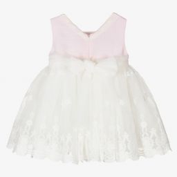 Patachou-فستان مزيج قطن وكتان وتول لون زهري وعاجي | Childrensalon Outlet