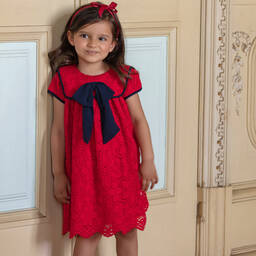 باتاشو-فستان أطفال بناتي قطن ودانتيل لون أحمر | Childrensalon Outlet