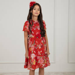 Patachou-Girls Red Floral Chiffon Dress | Childrensalon Outlet