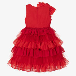 باتاشو-فستان ساتان وتول مزين بكشكش لون أحمر | Childrensalon Outlet