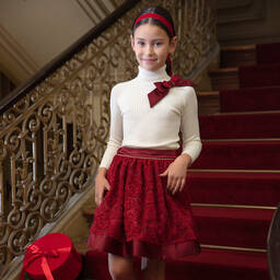 Patachou-تنورة مخمل ودانتيل لون أحمر برغندي | Childrensalon Outlet