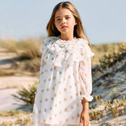Patachou-Girls Silk Chiffon Gold Dot Dress | Childrensalon Outlet
