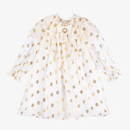 Patachou-Girls Silk Chiffon Gold Dot Dress | Childrensalon Outlet