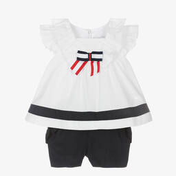 Patachou-طقم شورت قطن لون أبيض وكحلي للبنات | Childrensalon Outlet