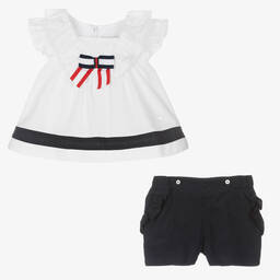 Patachou-طقم شورت قطن لون أبيض وكحلي للبنات | Childrensalon Outlet