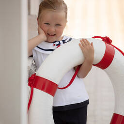 Patachou-Girls White & Blue Cotton Trouser Set | Childrensalon Outlet