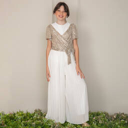 Patachou-جمبسوت مزين بترتر شيفون لون أبيض وفضّي للبنات | Childrensalon Outlet