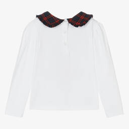 Patachou-Girls White Cotton Tartan Collar Top | Childrensalon Outlet