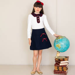 Patachou-Girls White Cotton Tartan Collar Top | Childrensalon Outlet